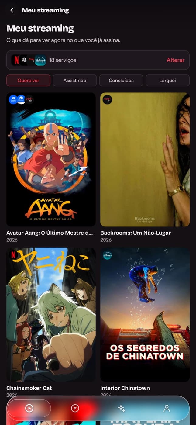 Tela Meu streaming, com séries e filmes disponíveis nos serviços assinados