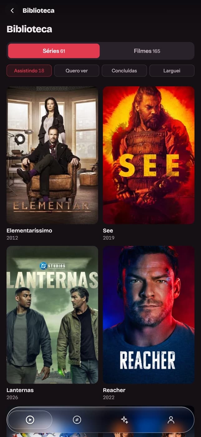Biblioteca com abas de séries e filmes e filtros por situação