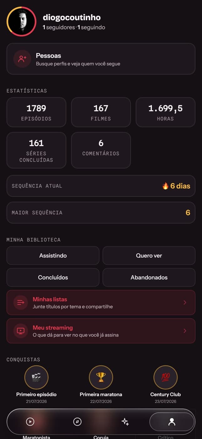 Perfil com estatísticas de episódios, filmes, horas e sequência de dias
