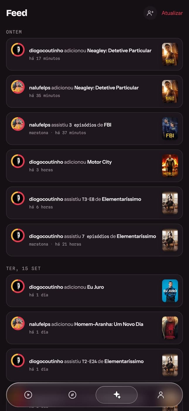 Feed com o que os amigos assistiram, agrupado por dia